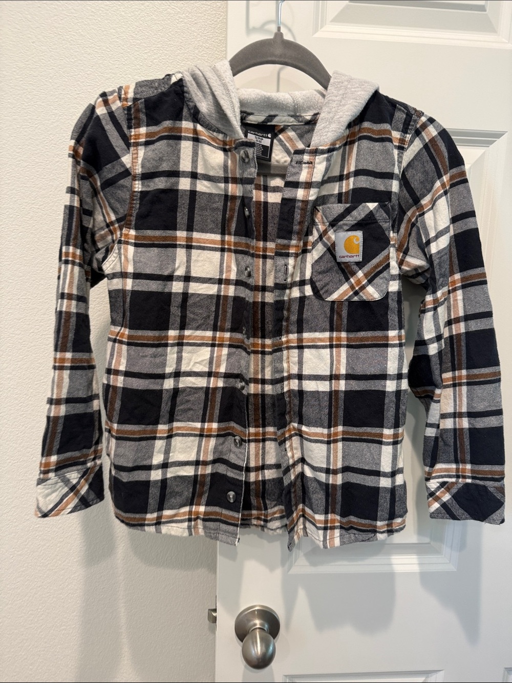 Carhartt Kids Black, Brown & White Plaid Hooded Flannel Shirt